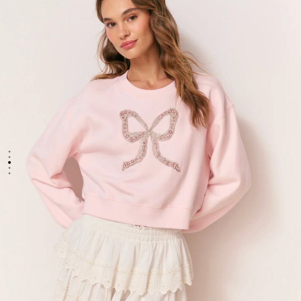 LoveShackFancy Rylan Embellished Bow Fleece Pullover Wistful Pink Size Small NWT